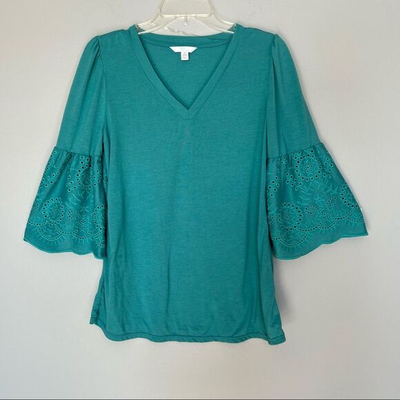 Time & Tru Bell Eyelet Crocheted Sleeve Kelly Green Boho Cottagecore Blouse SZ S - Picture 2 of 9